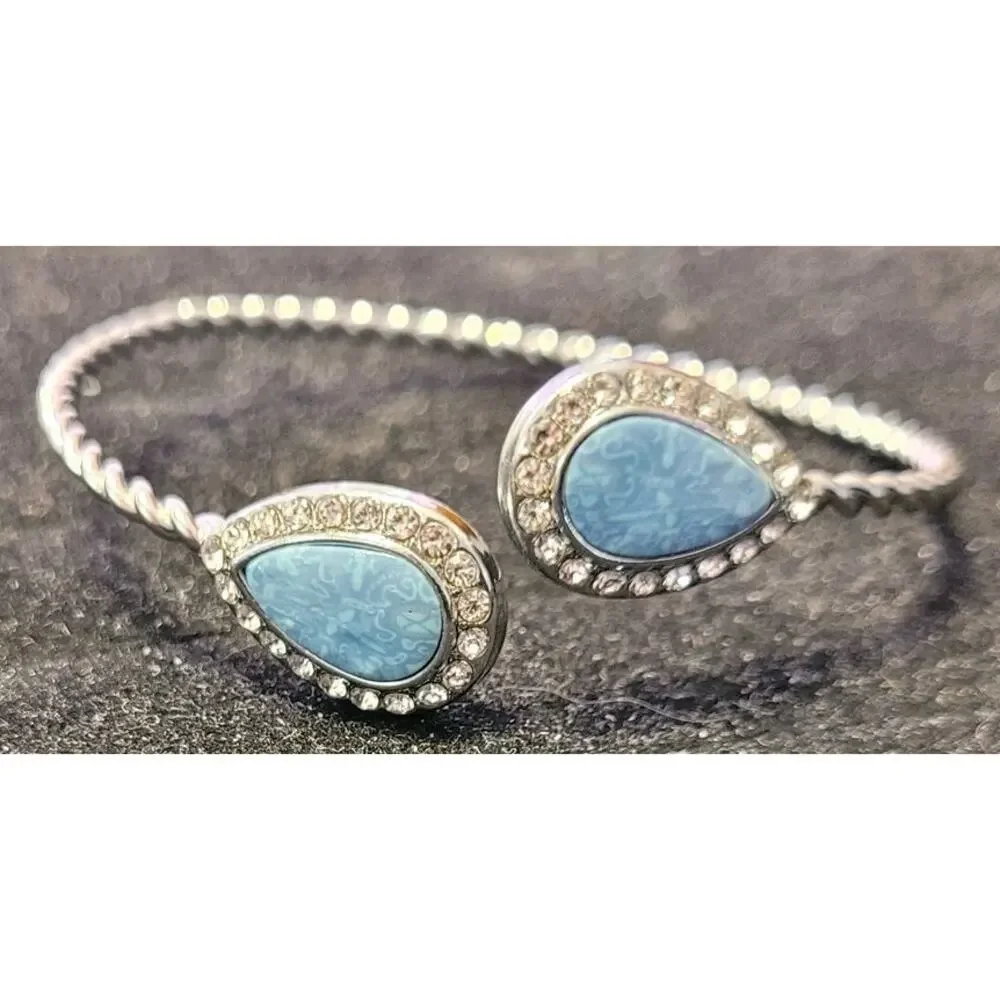 Jilzarah Adjustable Silvertone Bangle Bracelet Blue Clay Cabachon Crystals